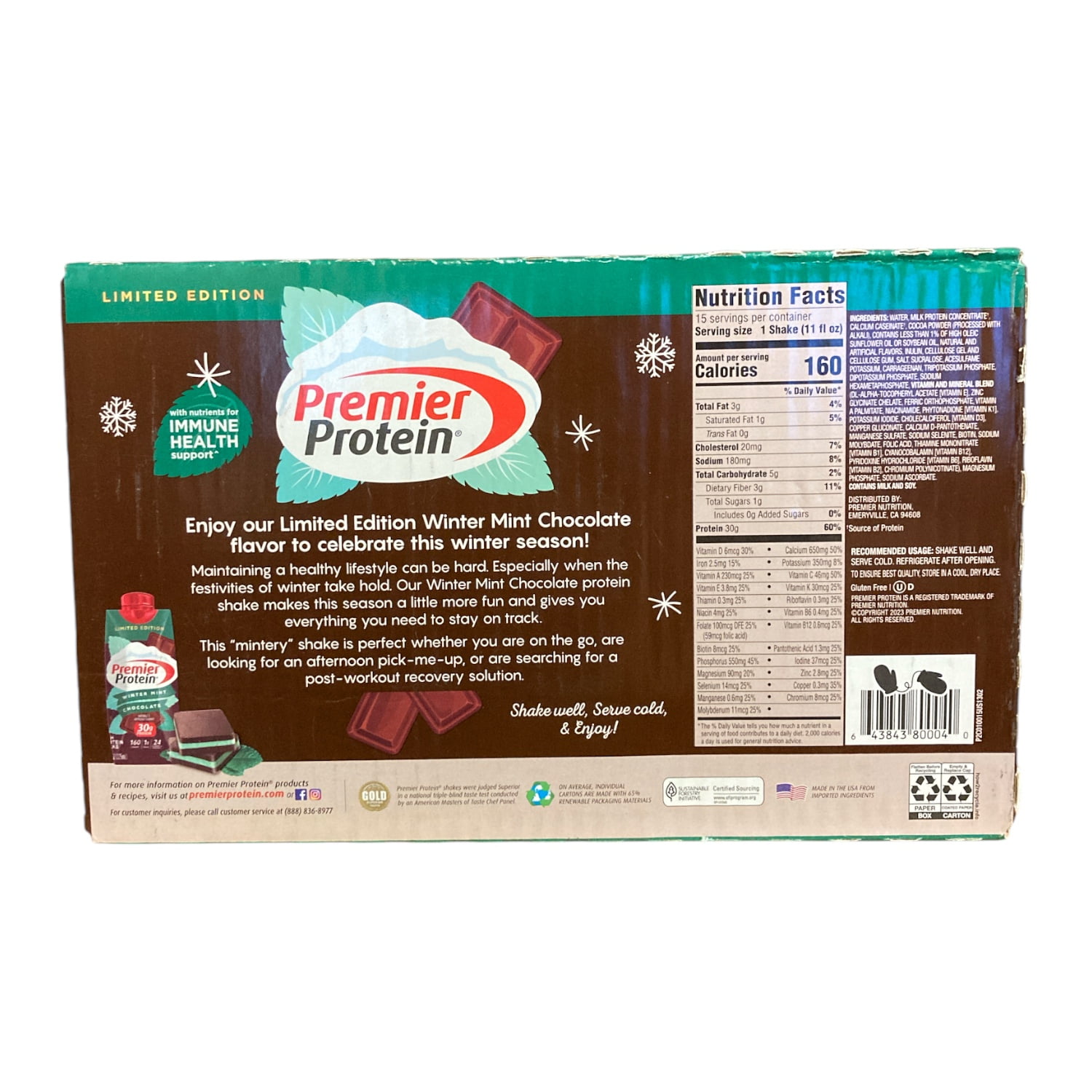 PREMIER PROTEIN WINTER MINT CHOCOLATE HIGH PROTEIN SHAKE 11 FL OZ PACK OF 15
