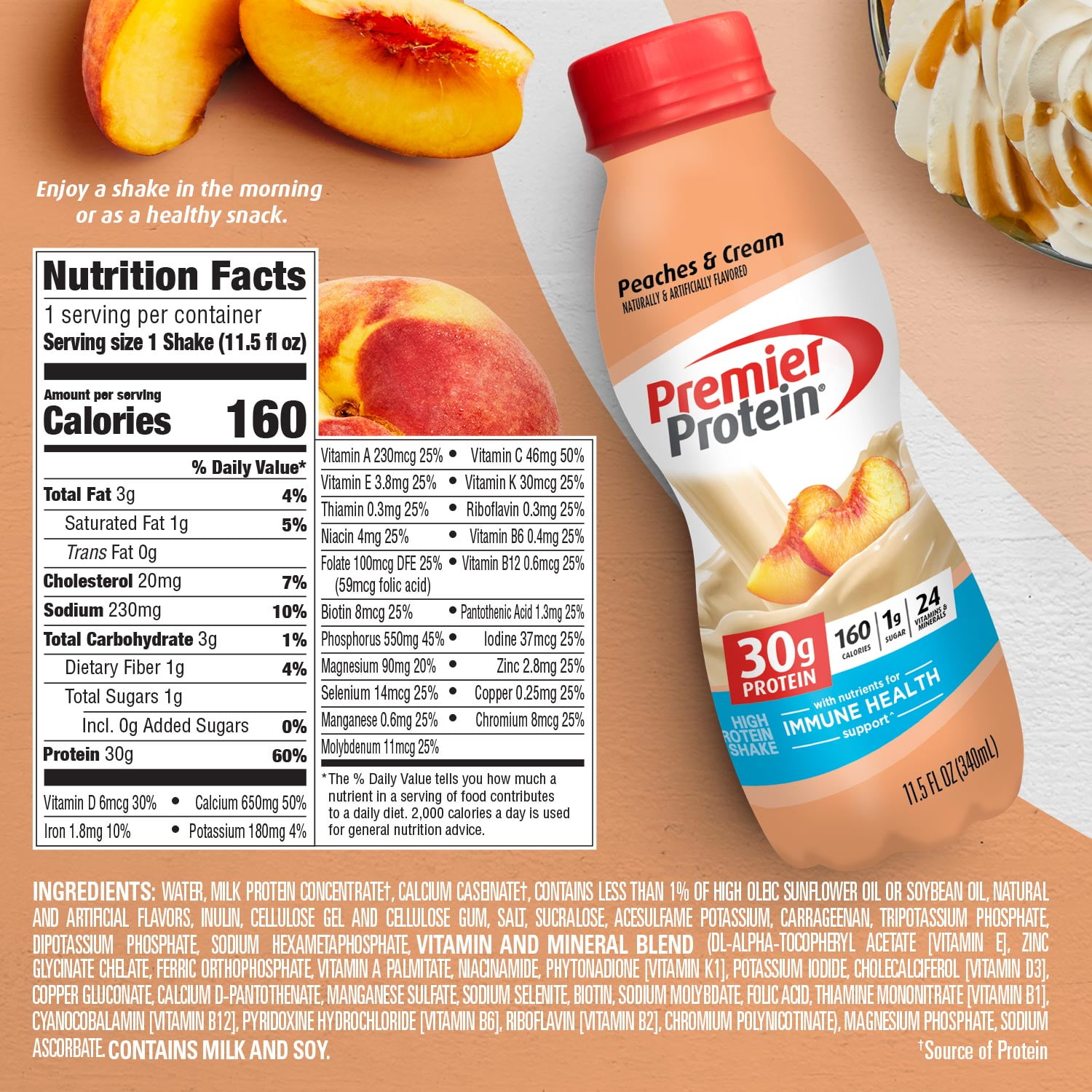 PREMIER PROTEIN SHAKE PEACHES AND CREAM 30G PROTEIN 11.5 FL OZ 12 CT