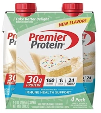 PURE PROTEIN PREMIER CAKE BATTER DELIGHT PROTEIN SHAKE 30G PROTEIN 1G SUGAR 24 VITAMINS MINERALS CREAM 11 FL OZ 4 COUNT
