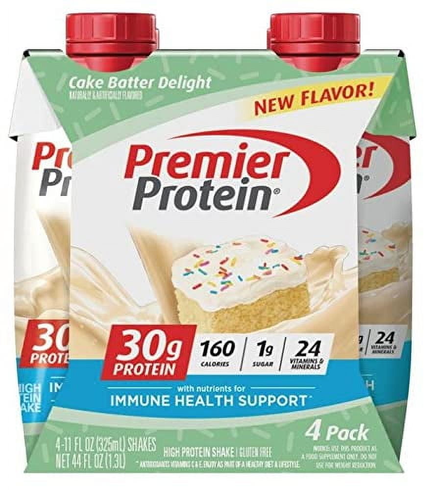 PURE PROTEIN PREMIER CAKE BATTER DELIGHT PROTEIN SHAKE 30G PROTEIN 1G SUGAR 24 VITAMINS MINERALS CREAM 11 FL OZ 4 COUNT