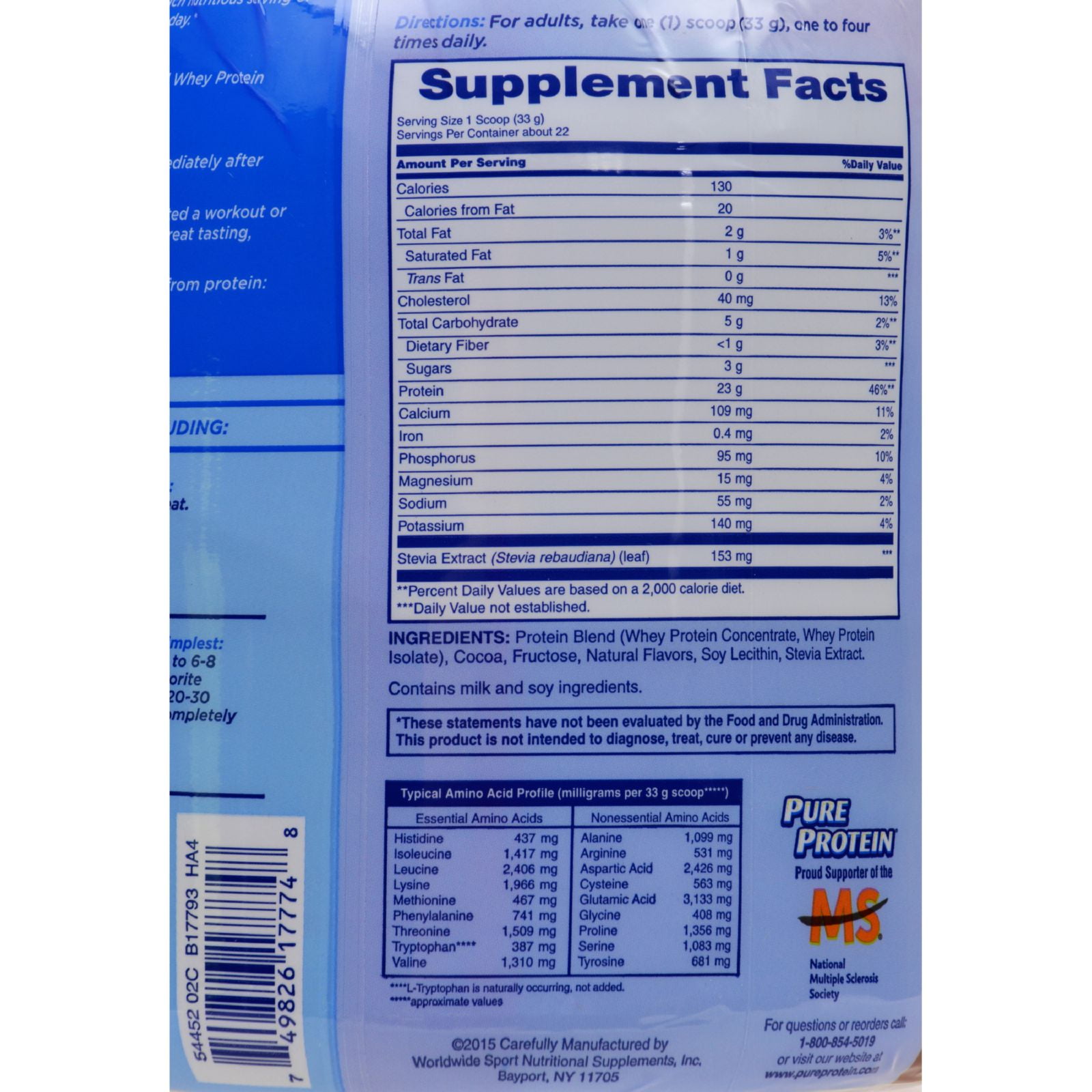 PURE PROTEIN NATURAL WHEY PROTEIN POWDER RICH CHOCOLATE 23G PROTEIN 1.6 LB