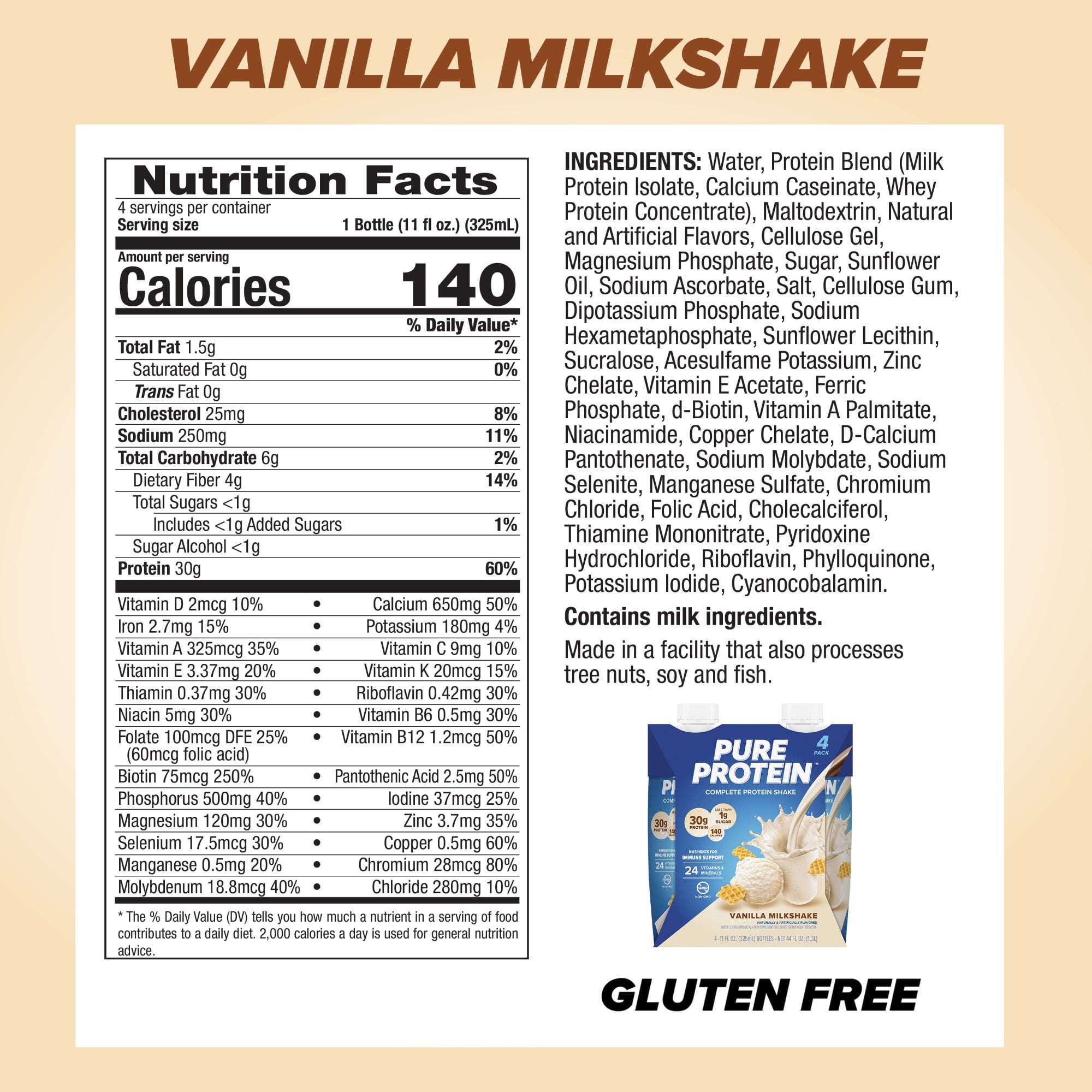 PURE PROTEIN SHAKE 30G PROTEIN GLUTEN FREE 11 FL OZ 4 PACK VANILLA MILKSHAKE