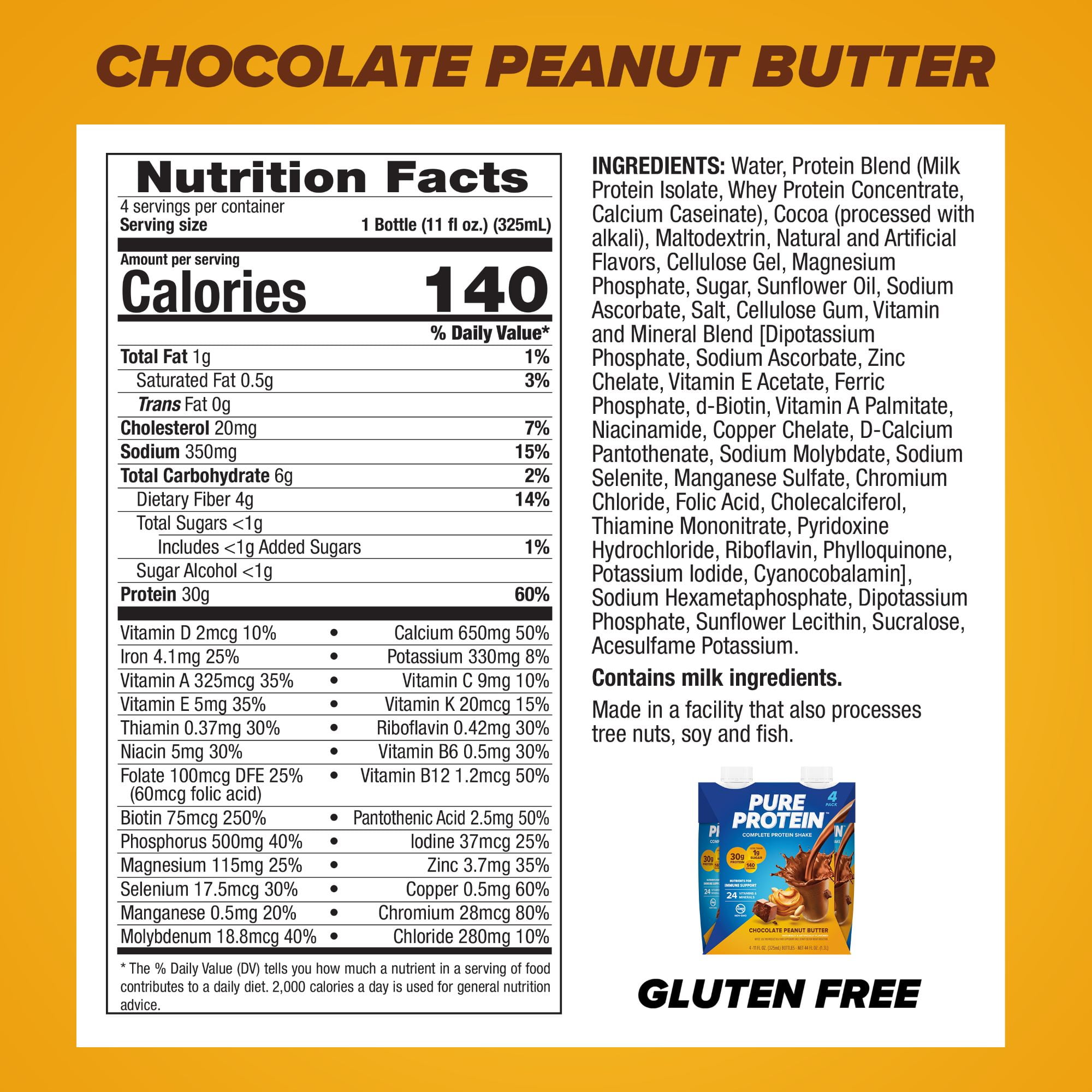 PURE PROTEIN CHOCOLATE PEANUT BUTTER PROTEIN SHAKE GLUTEN FREE 11 FL OZ 4 CT (3 PACK)