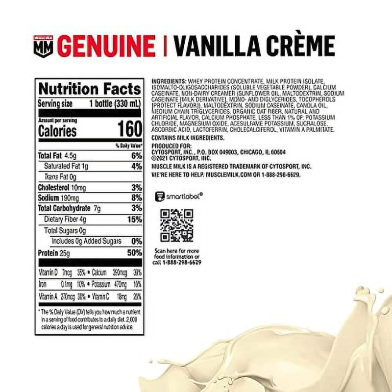 MUSCLE MILK VANILLA CREME PROTEIN SHAKE 12-PACK - 25G PROTEIN, ZERO SUGAR,