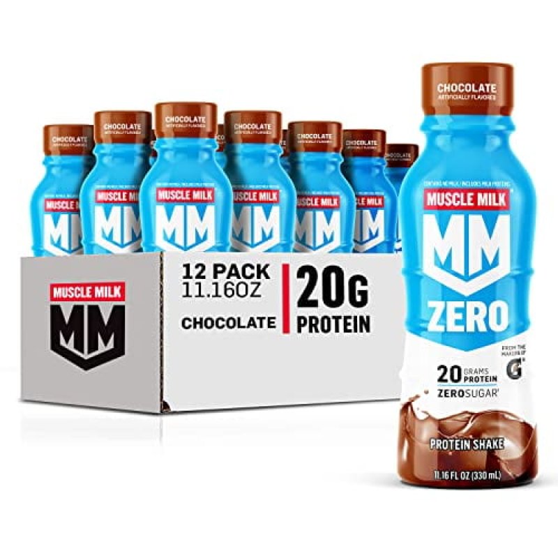 MUSCLE MILK ZERO CHOCOLATE PROTEIN SHAKE - 20G PROTEIN, ZERO SUGAR, 100 CALORIES, VITAMINS & FIBER - PACK OF 12