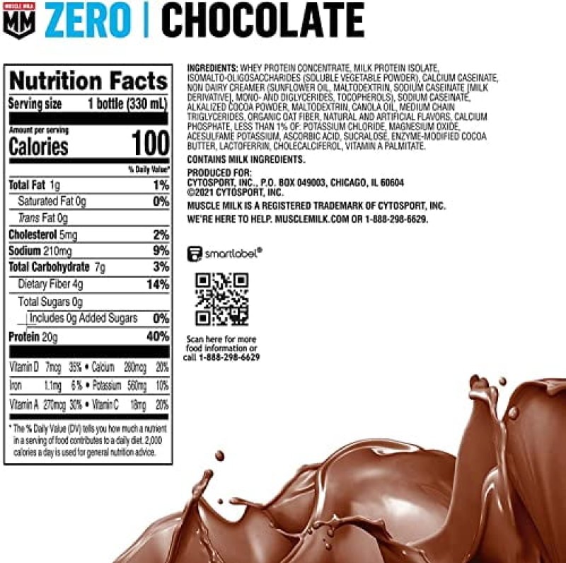 MUSCLE MILK ZERO CHOCOLATE PROTEIN SHAKE - 20G PROTEIN, ZERO SUGAR, 100 CALORIES, VITAMINS & FIBER - PACK OF 12