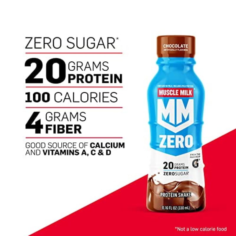 MUSCLE MILK ZERO CHOCOLATE PROTEIN SHAKE - 20G PROTEIN, ZERO SUGAR, 100 CALORIES, VITAMINS & FIBER - PACK OF 12