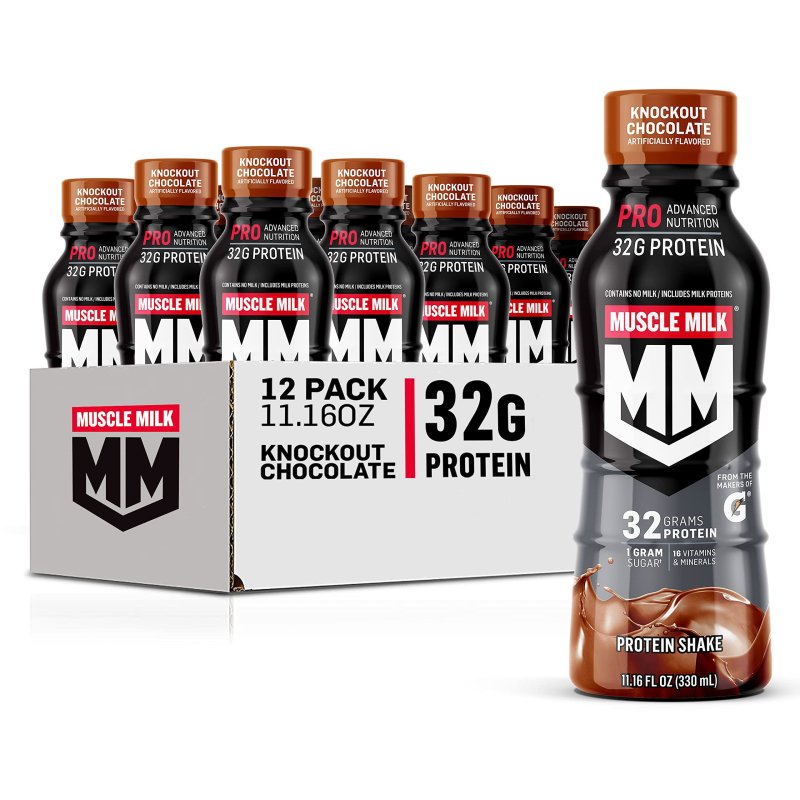 MUSCLE MILK PRO ADVANCED NUTRITION PROTEIN SHAKE KNOCKOUT CHOCOLATE 11.16 FL OZ PACK OF 12 32G PROTEIN 1G SUGAR 16 VITAMINS & MINERALS 5G