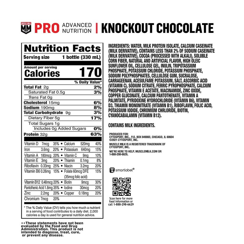 MUSCLE MILK PRO ADVANCED NUTRITION PROTEIN SHAKE KNOCKOUT CHOCOLATE 11.16 FL OZ PACK OF 12 32G PROTEIN 1G SUGAR 16 VITAMINS & MINERALS 5G