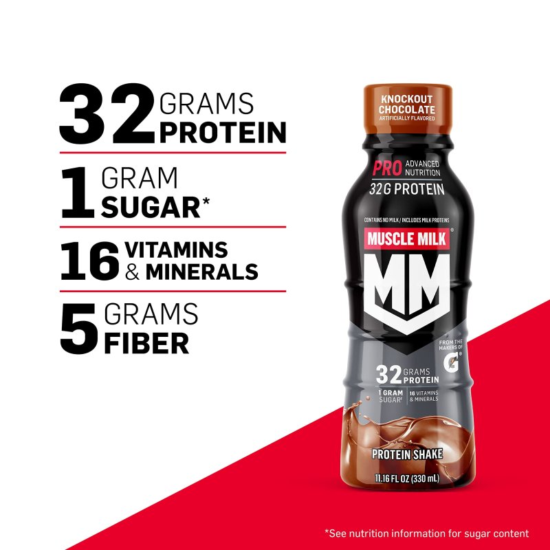 MUSCLE MILK PRO ADVANCED NUTRITION PROTEIN SHAKE KNOCKOUT CHOCOLATE 11.16 FL OZ PACK OF 12 32G PROTEIN 1G SUGAR 16 VITAMINS & MINERALS 5G