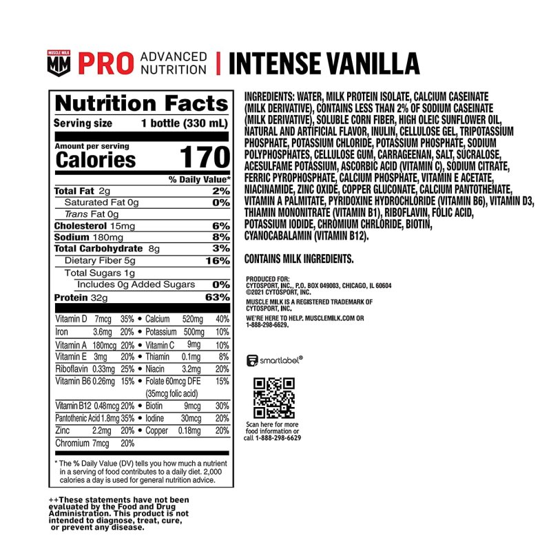 MUSCLE MILK PRO ADVANCED VANILLA PROTEIN SHAKE 11.16 FL OZ PACK OF 12 32G PROTEIN WORKOUT RECOVERY ENERGIZING SNACK