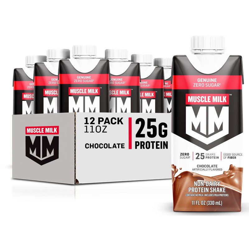 MUSCLE MILK GENUINE CHOCOLATE PROTEIN SHAKE 12 PACK 11 FL OZ - 25G PROTEIN ZERO SUGAR CALCIUM VITAMINS A C D 5G