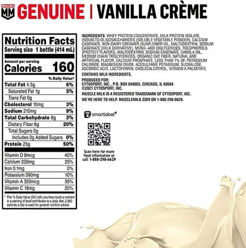 MUSCLE MILK VANILLA CREME MUSCLE MILK LIQUID PROTEIN SHAKE 25G PROTEIN 14 FL OZ BOTTLE 12 PACK