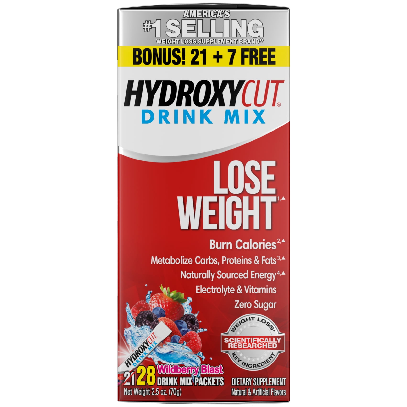 HYDROXYCUT ORIGINAL WEIGHT LOSS POWDER DRINK MIX PACKETS BURN CALORIES INCREASE ENERGY WILDBERRY BLAST 21 COUNT