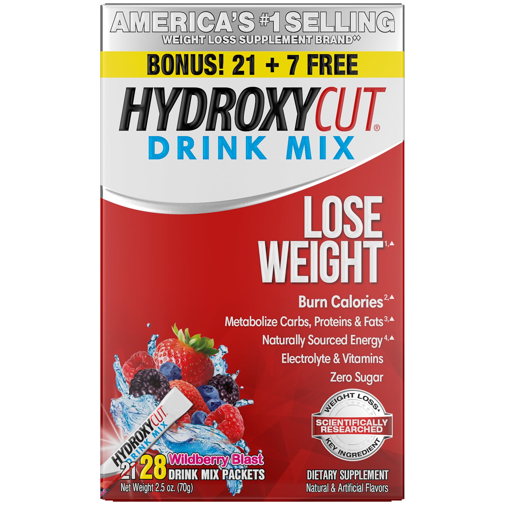 HYDROXYCUT ORIGINAL WEIGHT LOSS POWDER DRINK MIX PACKETS BURN CALORIES INCREASE ENERGY WILDBERRY BLAST 21 COUNT