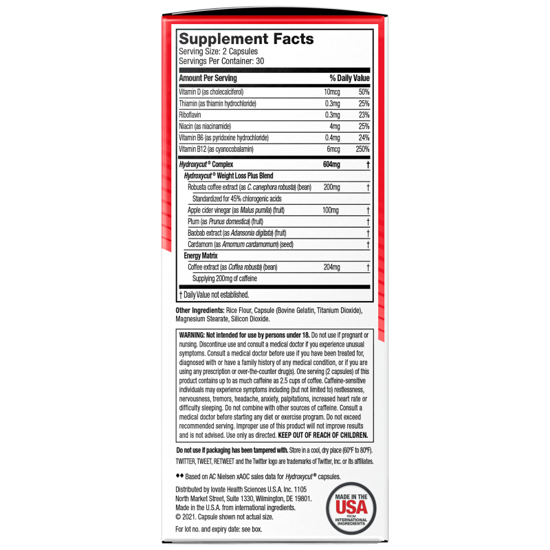 HYDROXYCUT ORIGINAL WEIGHT LOSS SUPPLEMENT WITH APPLE CIDER VINEGAR 200MG CAFFEINE 60 CT