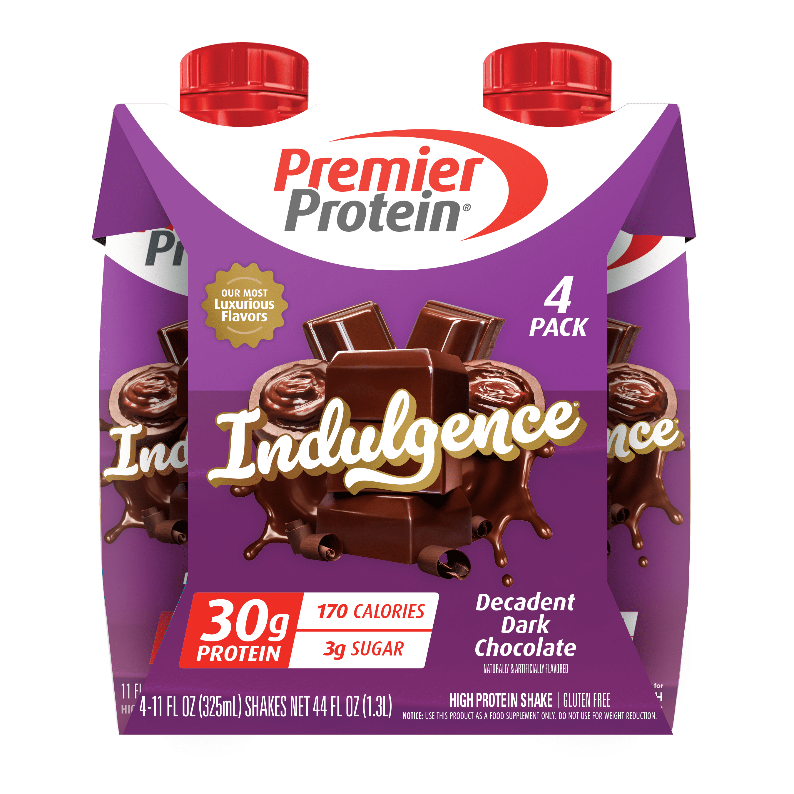 PREMIER PROTEIN INDULGENCE SHAKE DECADENT DARK CHOCOLATE 30G PROTEIN 11 FL OZ 4 CT