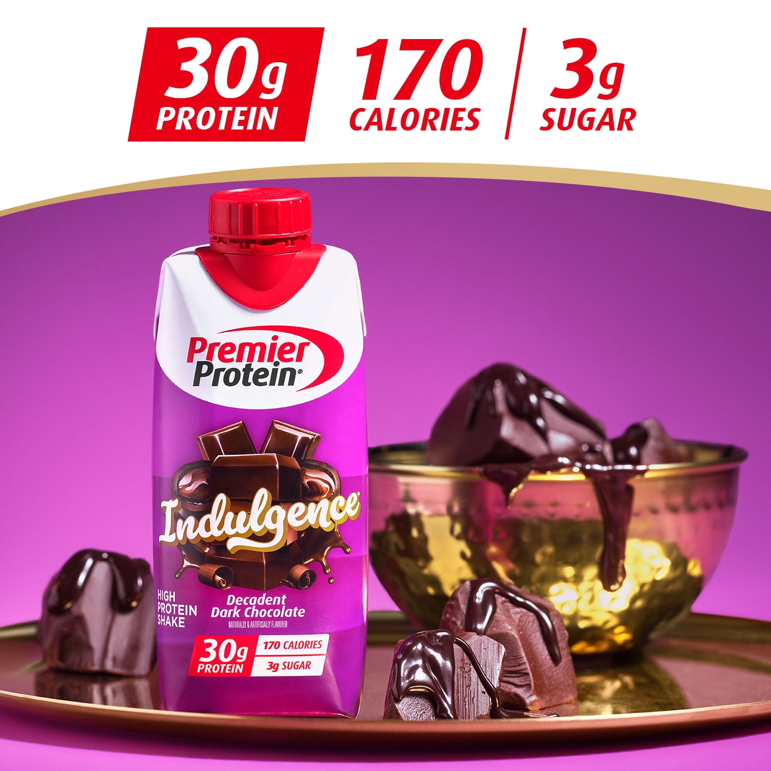 PREMIER PROTEIN INDULGENCE SHAKE DECADENT DARK CHOCOLATE 30G PROTEIN 11 FL OZ 4 CT