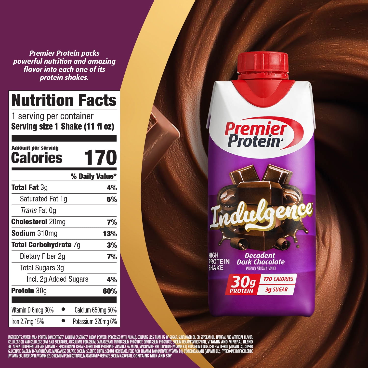 PREMIER PROTEIN INDULGENCE SHAKE DECADENT DARK CHOCOLATE 30G PROTEIN 11 FL OZ 4 CT