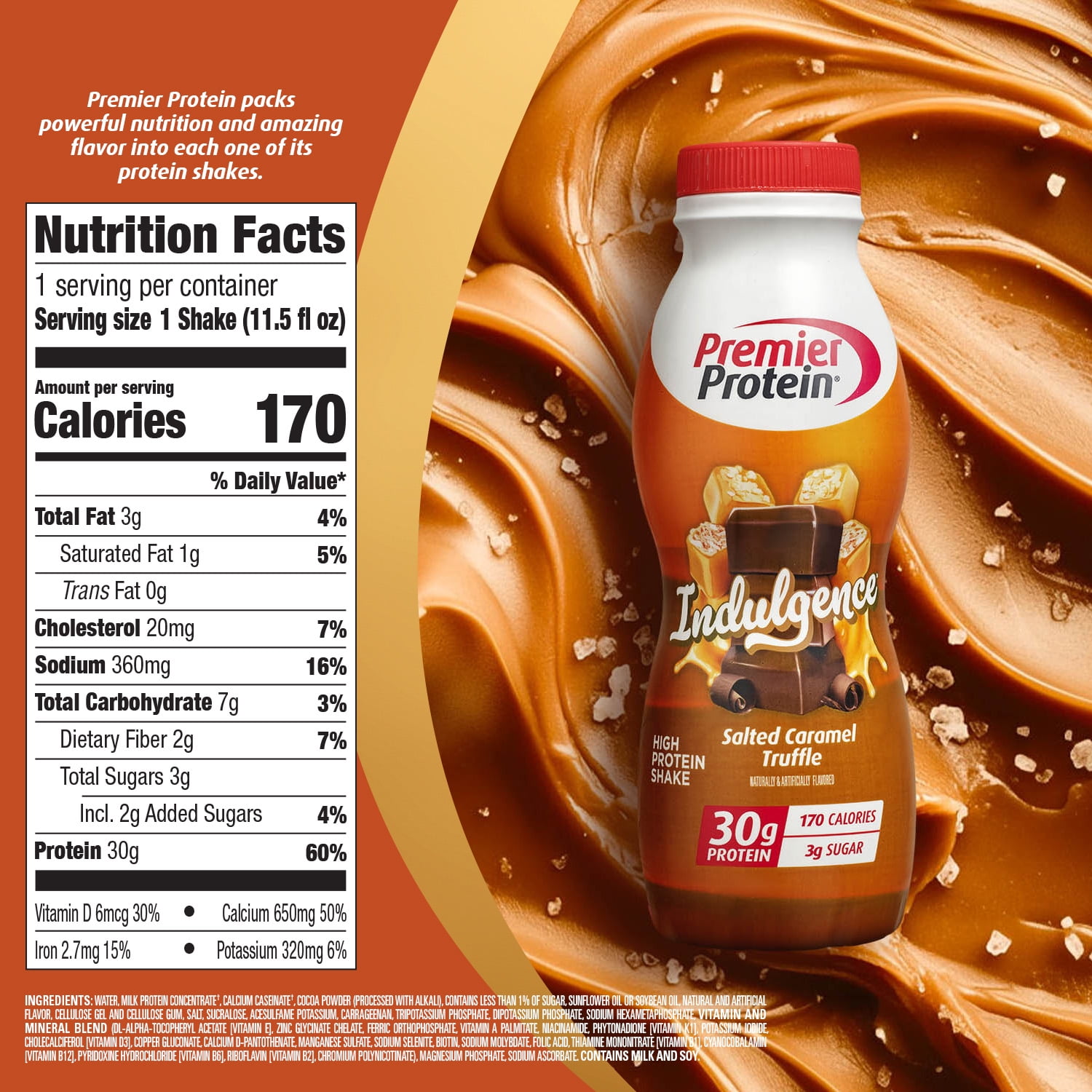 PREMIER PROTEIN SALTED CARAMEL TRUFFLE INDULGENCE SHAKE 30G PROTEIN 11.5 FL OZ 12 CT