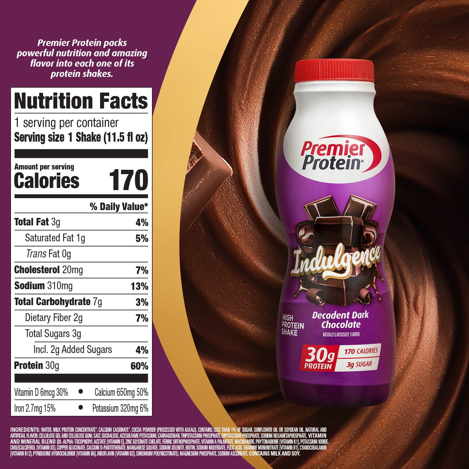 PREMIER PROTEIN INDULGENCE SHAKE DECADENT DARK CHOCOLATE 30G PROTEIN 11.5 FL OZ 12 CT