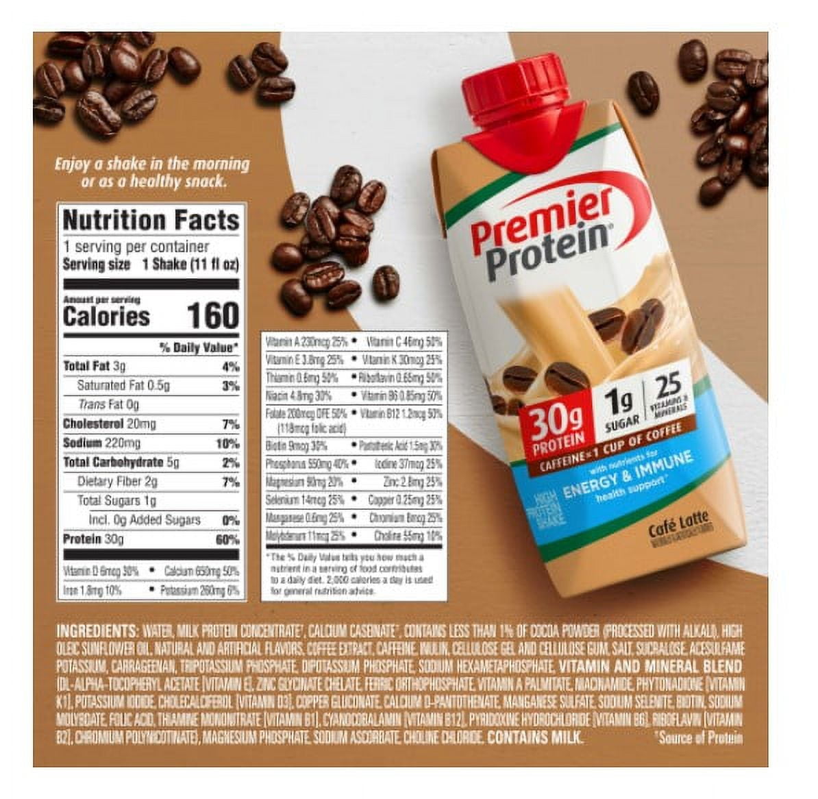 PREMIER CAFE LATTE PLUS ENERGY IMMUNE SUPPORT SHAKES 18-PACK 11 FL OZ - 30G PROTEIN