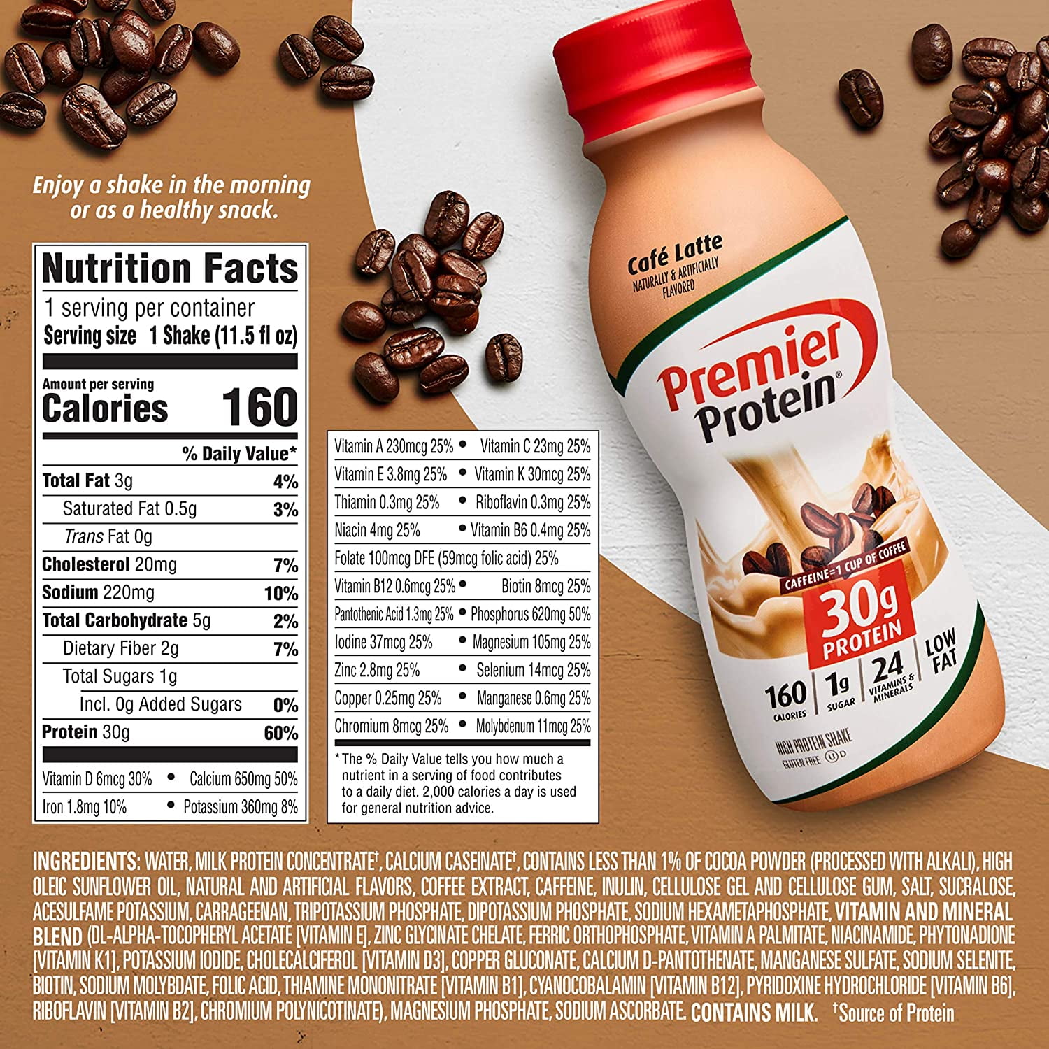 PREMIER PROTEIN SHAKE CAFé LATTE 30G PROTEIN 1G SUGAR 24 VITAMINS MINERALS TO SUPPORT IMMUNE HEALTH 11.5 FL OZ 12 PACK