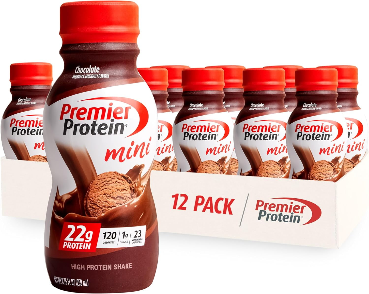 PREMIER PROTEIN SHAKE MINIS CHOCOLATE 22G PROTEIN 120 CALORIES 1G SUGAR 8.75FL OZ PACK OF 12