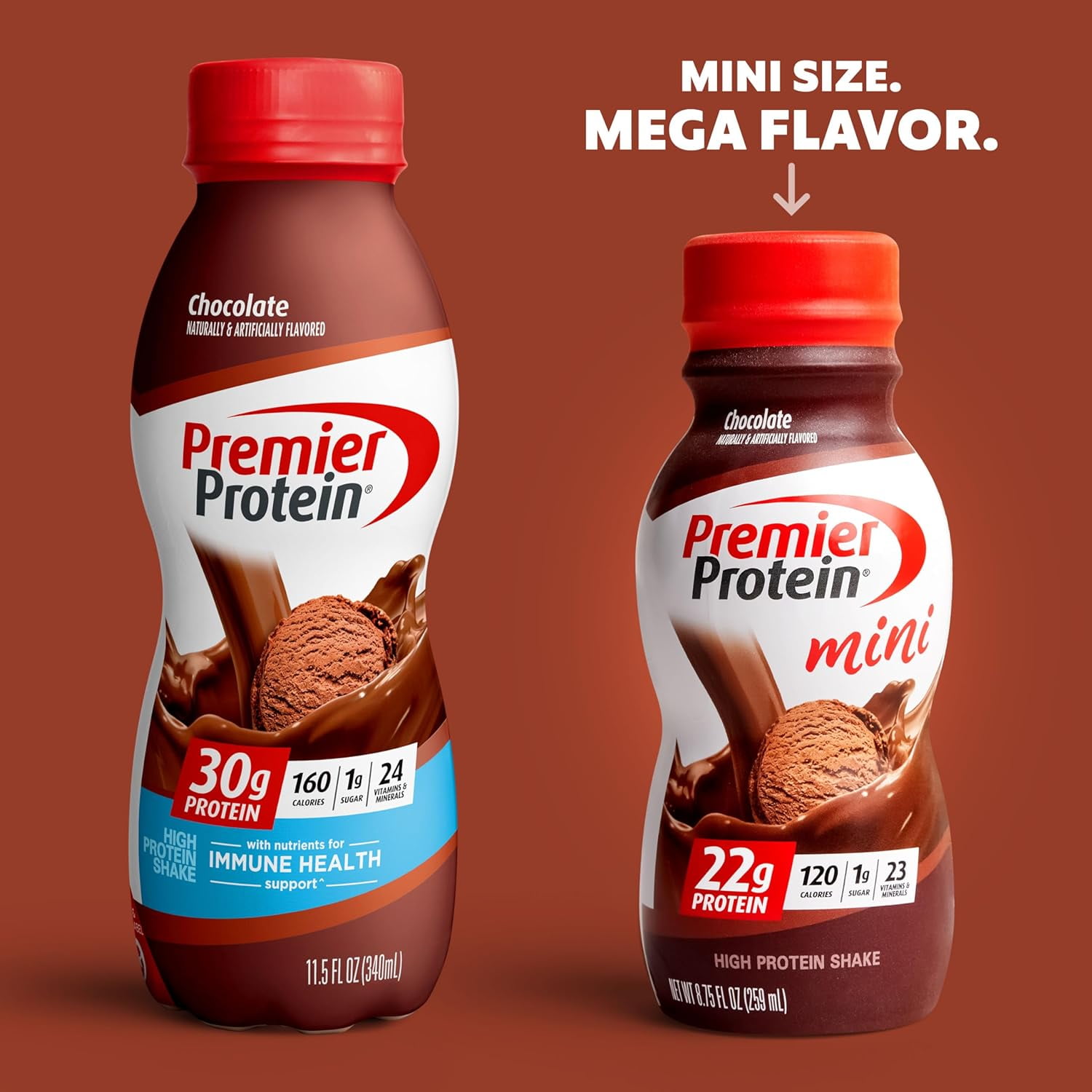 PREMIER PROTEIN SHAKE MINIS CHOCOLATE 22G PROTEIN 120 CALORIES 1G SUGAR 8.75FL OZ PACK OF 12