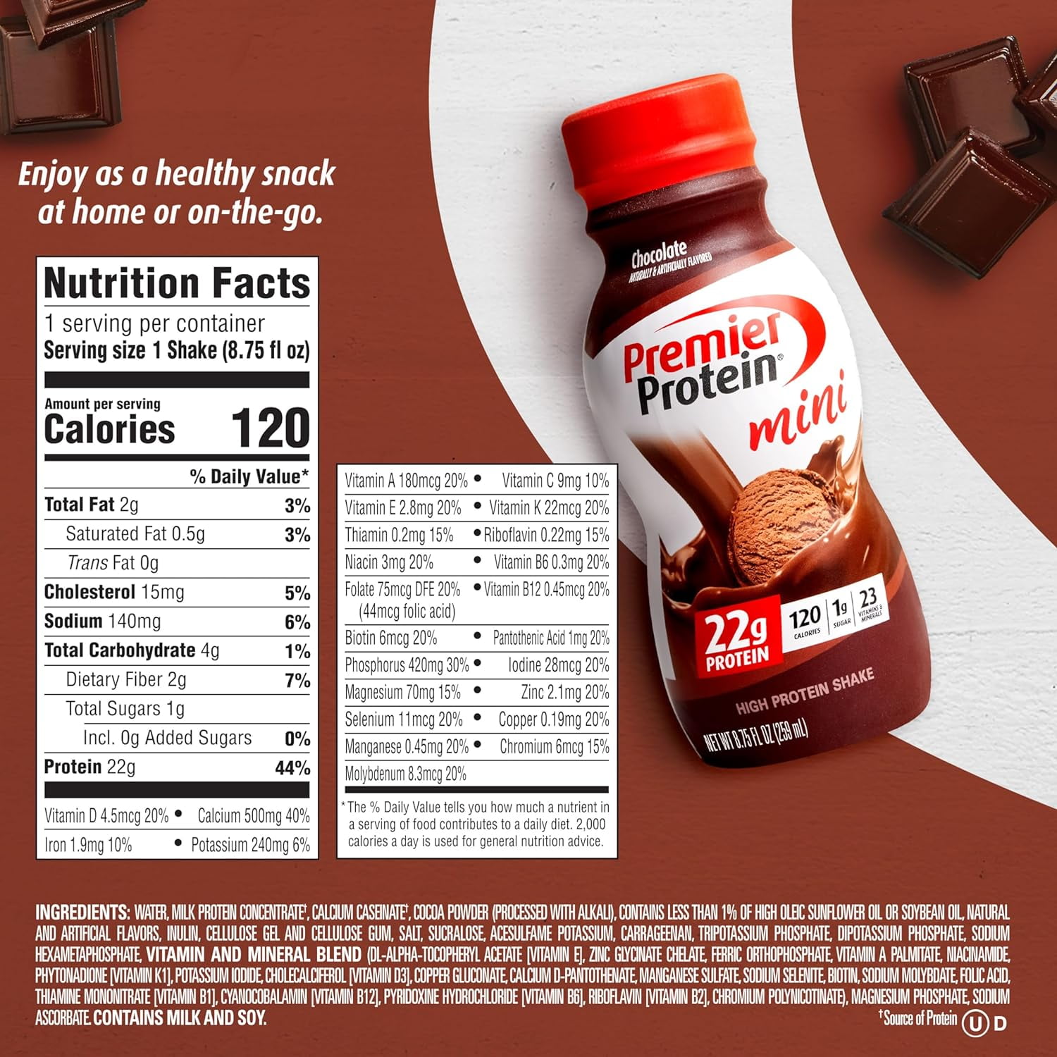 PREMIER PROTEIN SHAKE MINIS CHOCOLATE 22G PROTEIN 120 CALORIES 1G SUGAR 8.75FL OZ PACK OF 12