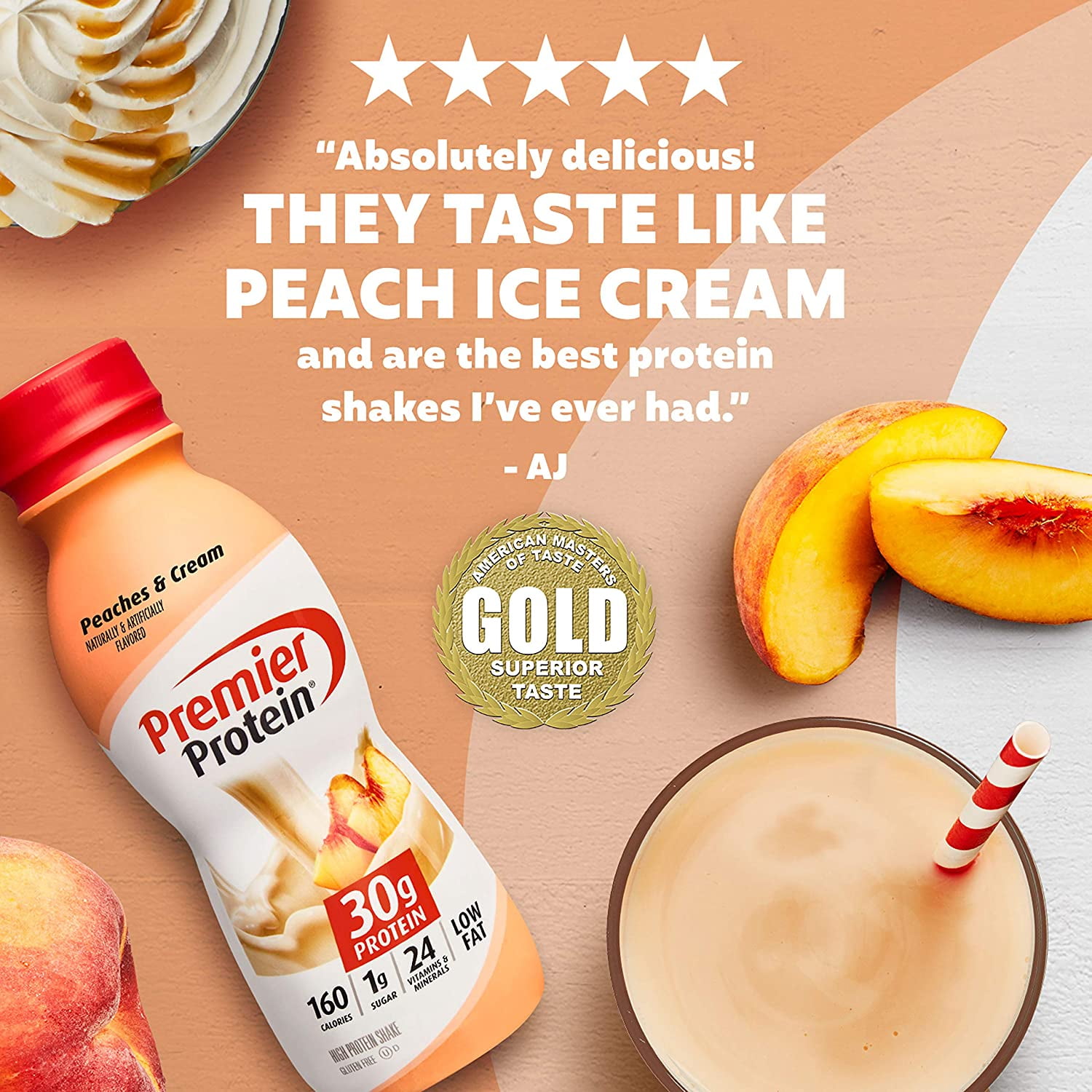 PREMIER PROTEIN SHAKE PEACHES CREAM 30G PROTEIN 1G SUGAR 24 VITAMINS MINERALS IMMUNE SUPPORT 12 PACK 138 FL OZ