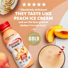 PREMIER PROTEIN SHAKE PEACHES CREAM 30G PROTEIN 1G SUGAR 24 VITAMINS MINERALS IMMUNE SUPPORT 12 PACK 138 FL OZ
