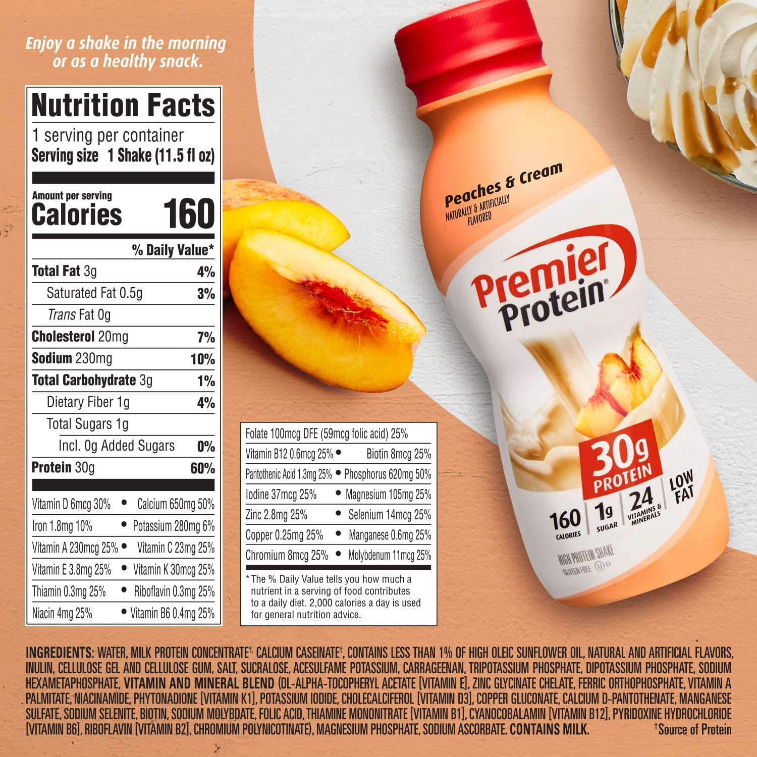 PREMIER PROTEIN SHAKE PEACHES CREAM 30G PROTEIN 1G SUGAR 24 VITAMINS MINERALS IMMUNE SUPPORT 12 PACK 138 FL OZ