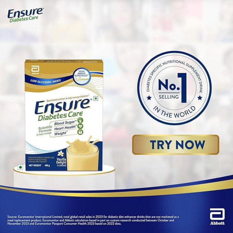 ENSURE DIABETES CARE - NUTRITION FOR BLOOD SUGAR CONTROL - 400G VANILLA FLAVOUR BOX