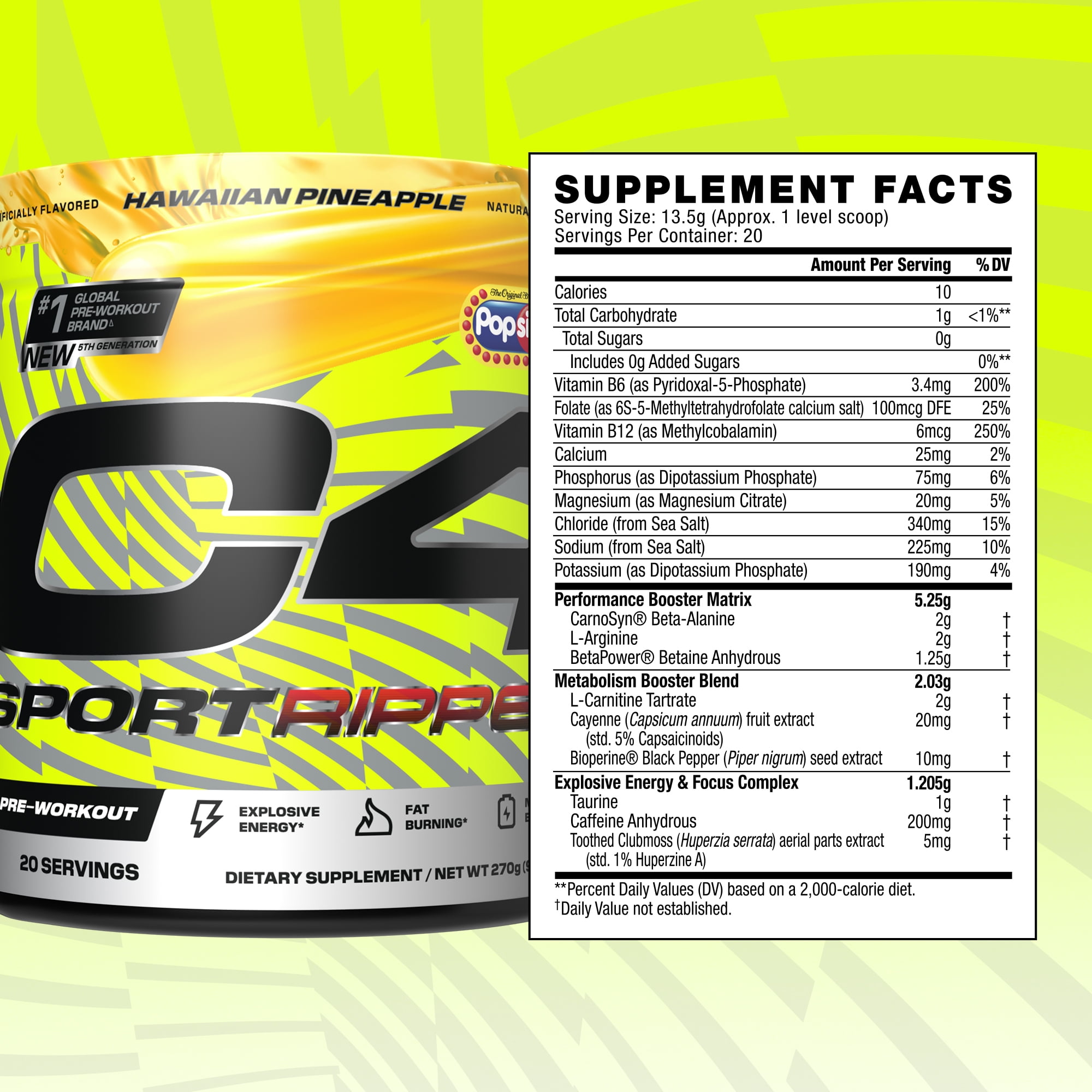 CELLUCOR C4 SPORT RIPPED PRE-WORKOUT POWDER POPSICLE HAWAIIAN PINEAPPLE 20 SERVINGS