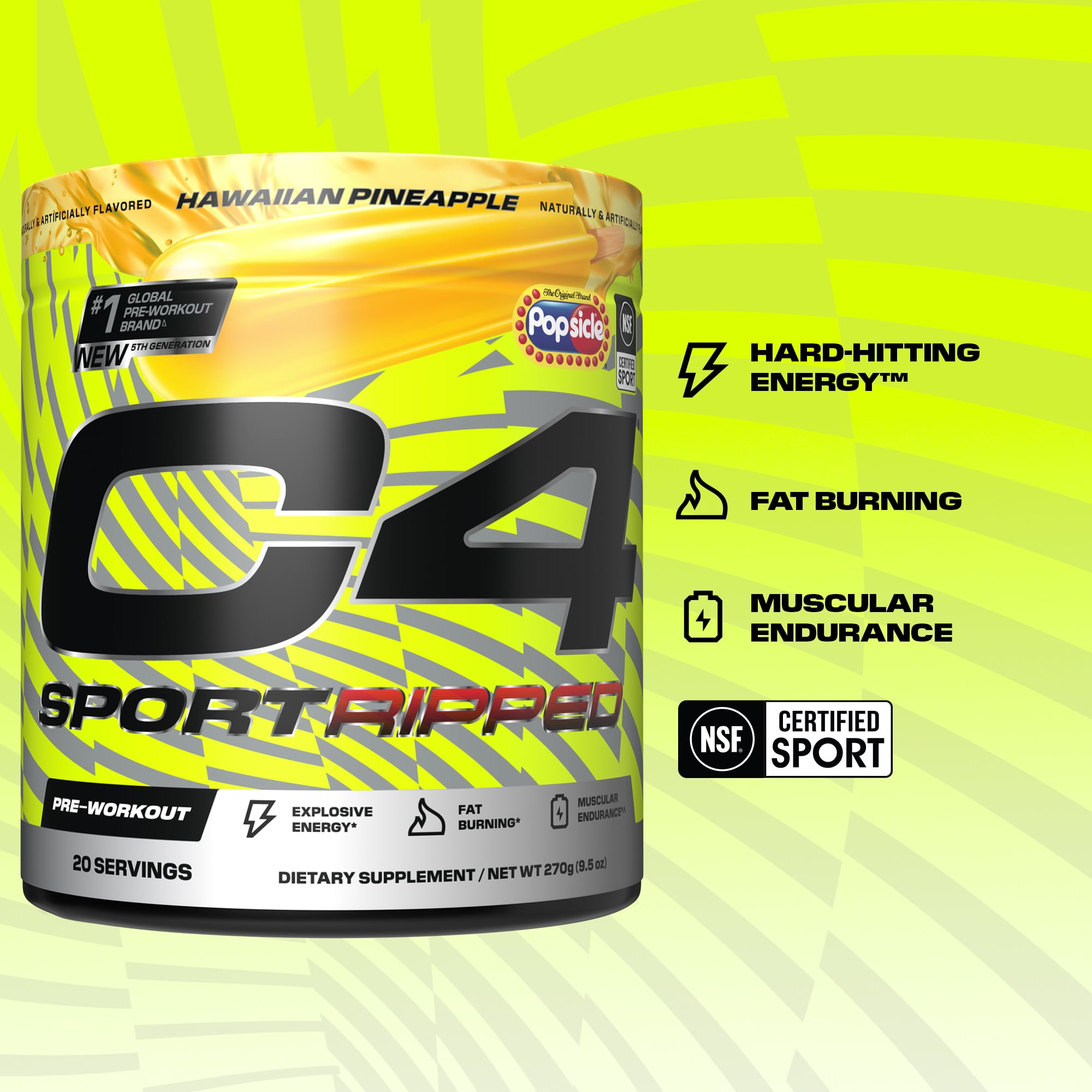 CELLUCOR C4 SPORT RIPPED PRE-WORKOUT POWDER POPSICLE HAWAIIAN PINEAPPLE 20 SERVINGS