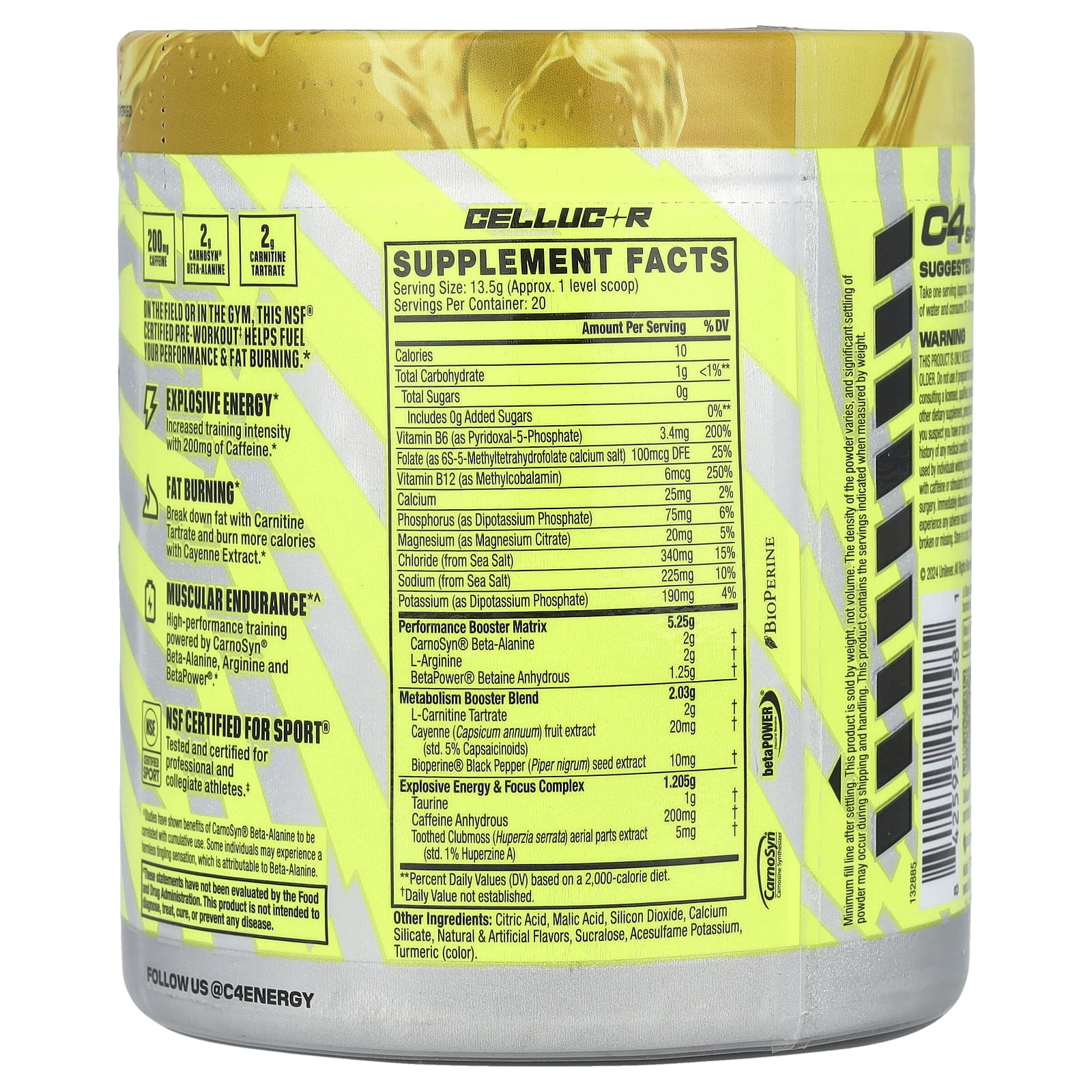 CELLUCOR C4 SPORT RIPPED PRE-WORKOUT POWDER POPSICLE HAWAIIAN PINEAPPLE 20 SERVINGS