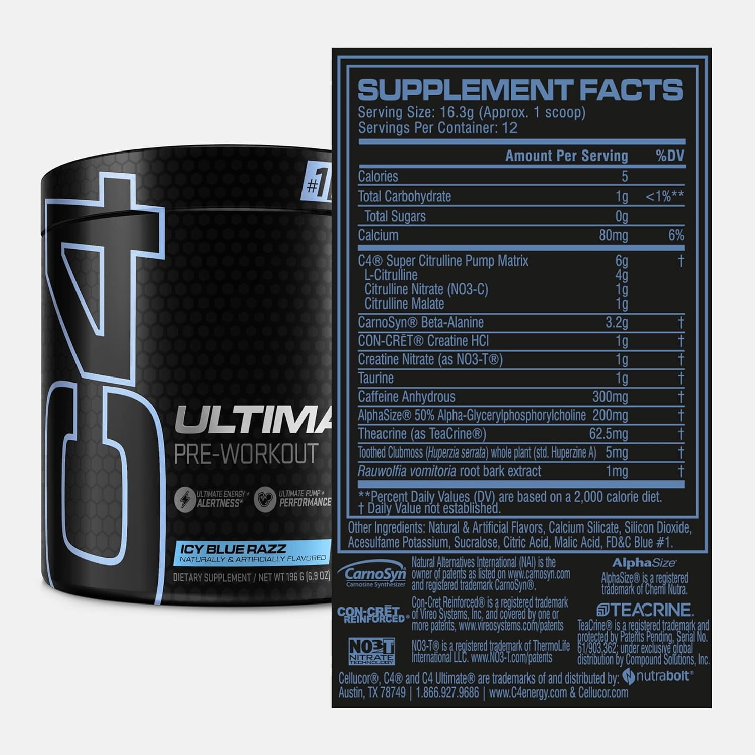 CELLUCOR C4 ULTIMATE PRE WORKOUT POWDER ICY BLUE RAZ SUGAR FREE ENERGY SUPPLEMENT MEN WOMEN 300MG CAFFEINE 3.2G BETA ALANINE 2 PATENTED CREATINES 12 SERVINGS