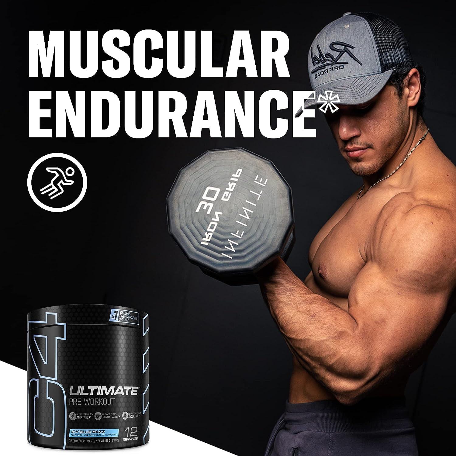 CELLUCOR C4 ULTIMATE PRE WORKOUT POWDER ICY BLUE RAZ SUGAR FREE ENERGY SUPPLEMENT MEN WOMEN 300MG CAFFEINE 3.2G BETA ALANINE 2 PATENTED CREATINES 12 SERVINGS