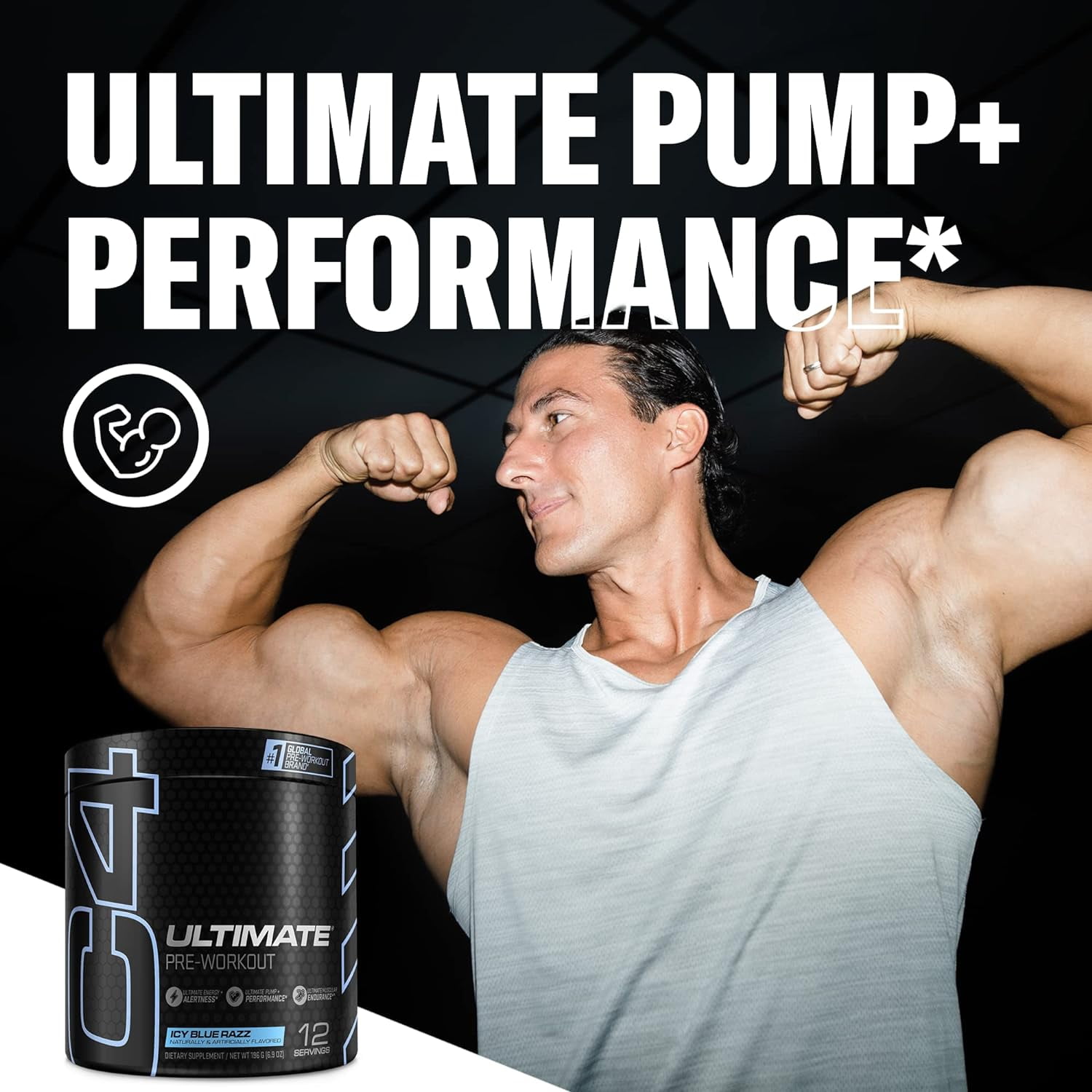 CELLUCOR C4 ULTIMATE PRE WORKOUT POWDER ICY BLUE RAZ SUGAR FREE ENERGY SUPPLEMENT MEN WOMEN 300MG CAFFEINE 3.2G BETA ALANINE 2 PATENTED CREATINES 12 SERVINGS