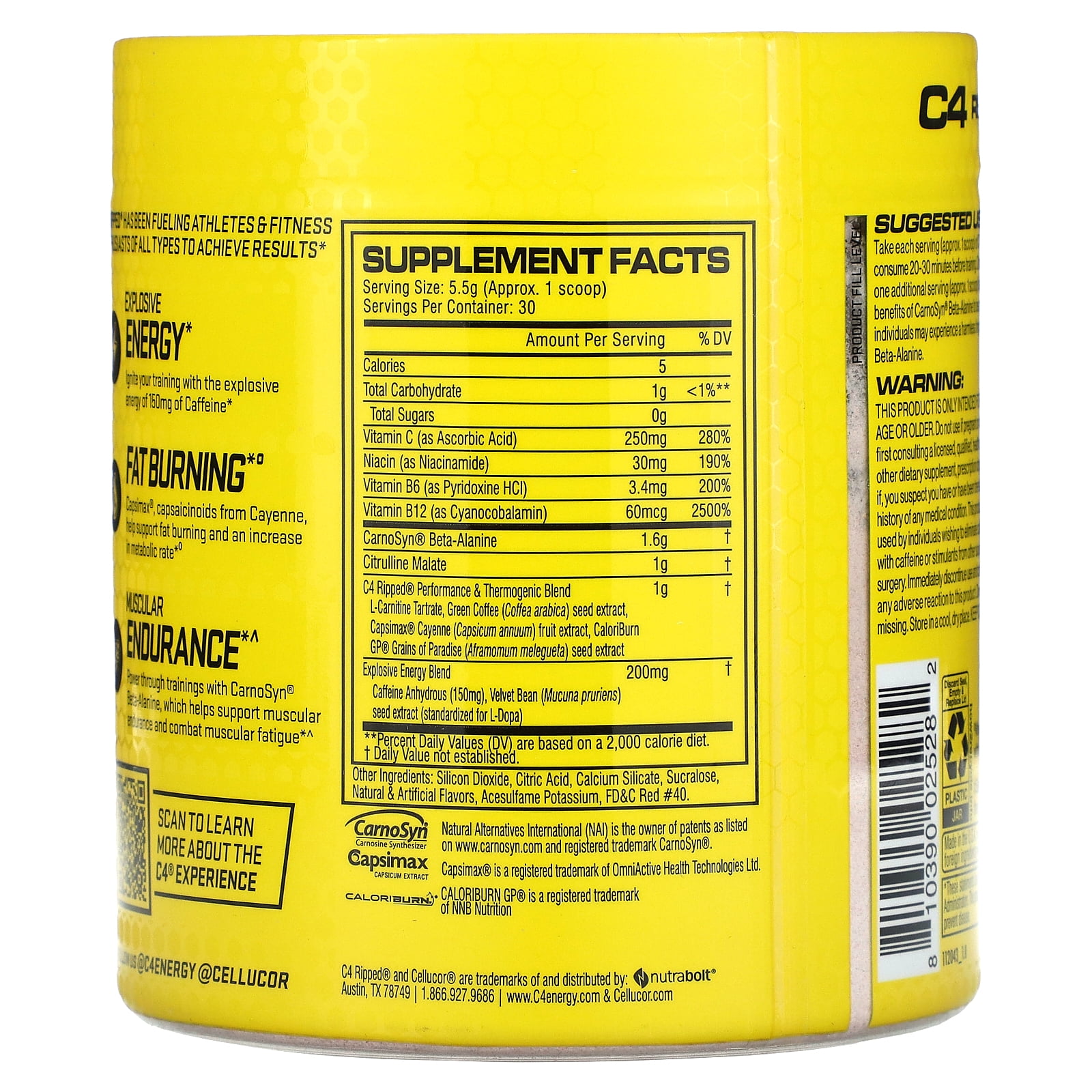 CELLUCOR C4 RIPPED PREWORKOUT FRUIT PUNCH FAT BURNING 30 SERVINGS