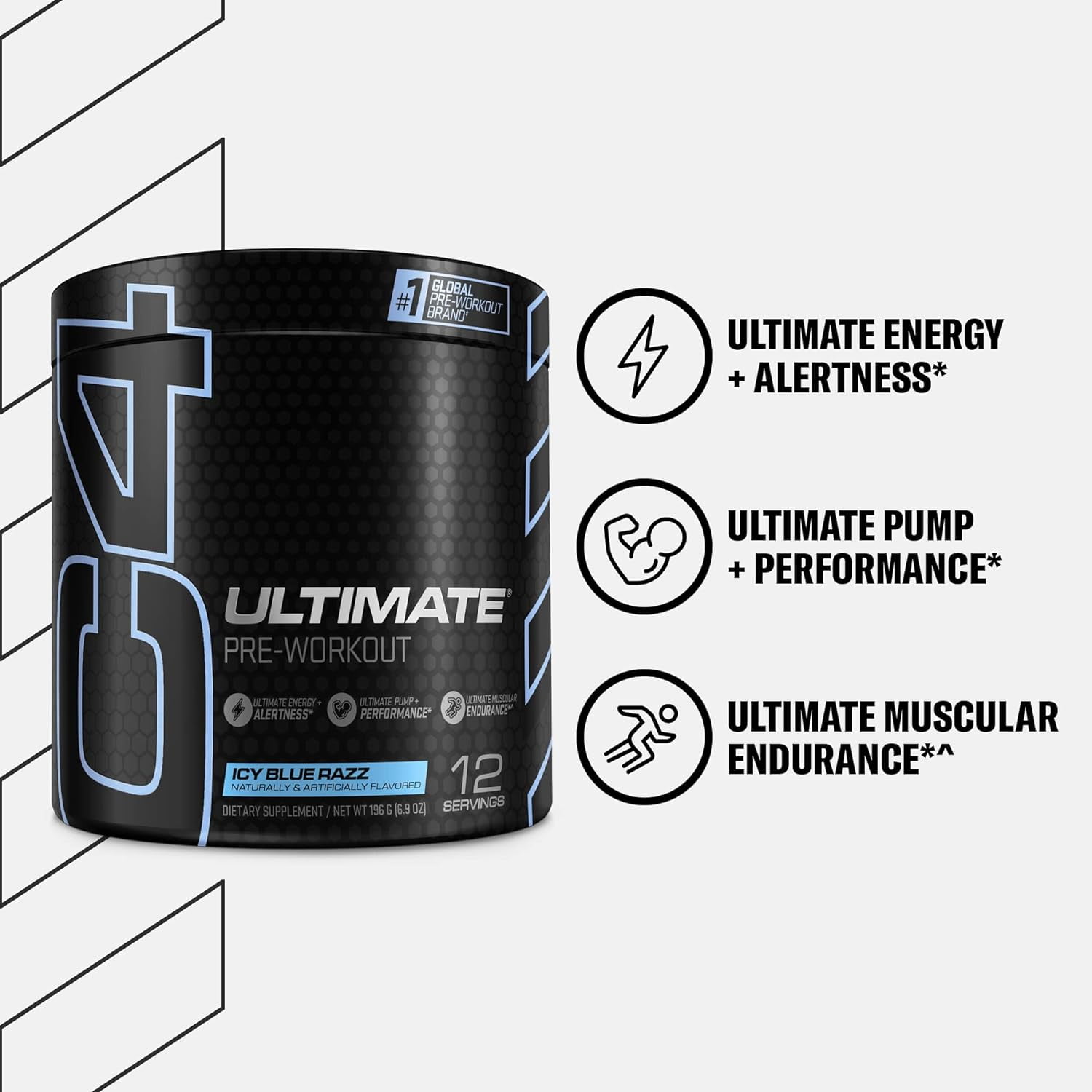 CELLUCOR C4 ULTIMATE ICY BLUE RAZ PRE WORKOUT POWDER - SUGAR FREE ENERGY SUPPLEMENT FOR MEN & WOMEN - 300MG CAFFEINE, 3.2G BETA ALANINE, 2 PATENTED CREATINES - 12 SERVINGS