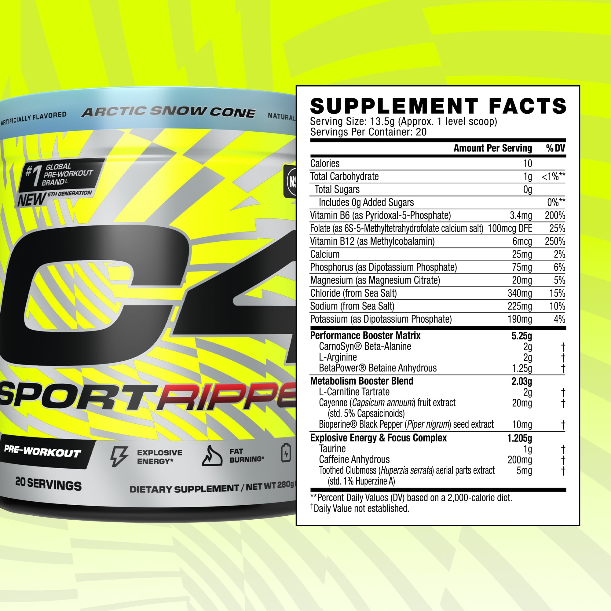 CELLUCOR C4 SPORT RIPPED ARCTIC SNOW CONE PRE-WORKOUT POWDER - 20 SERVINGS
