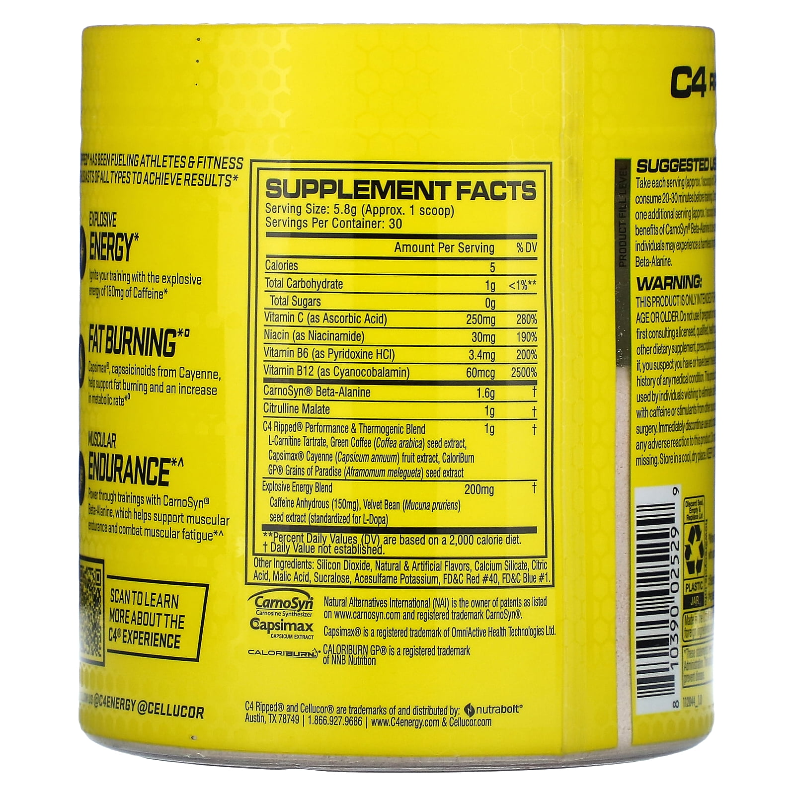 CELLUCOR C4 RIPPED RASPBERRY LEMONADE PRE-WORKOUT POWDER 30 SERVINGS