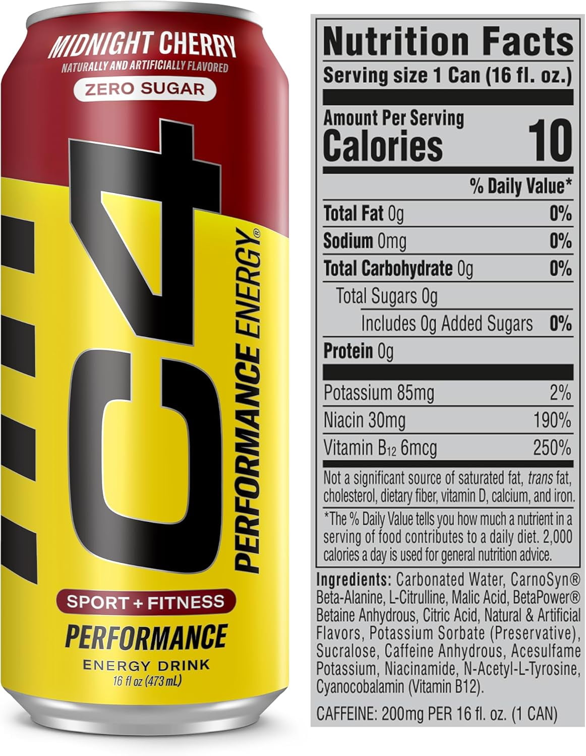 CELLUCOR C4 PERFORMANCE ENERGY DRINK MIDNIGHT CHERRY ZERO SUGAR CARBONATED 16 OZ CAN 12 PACK