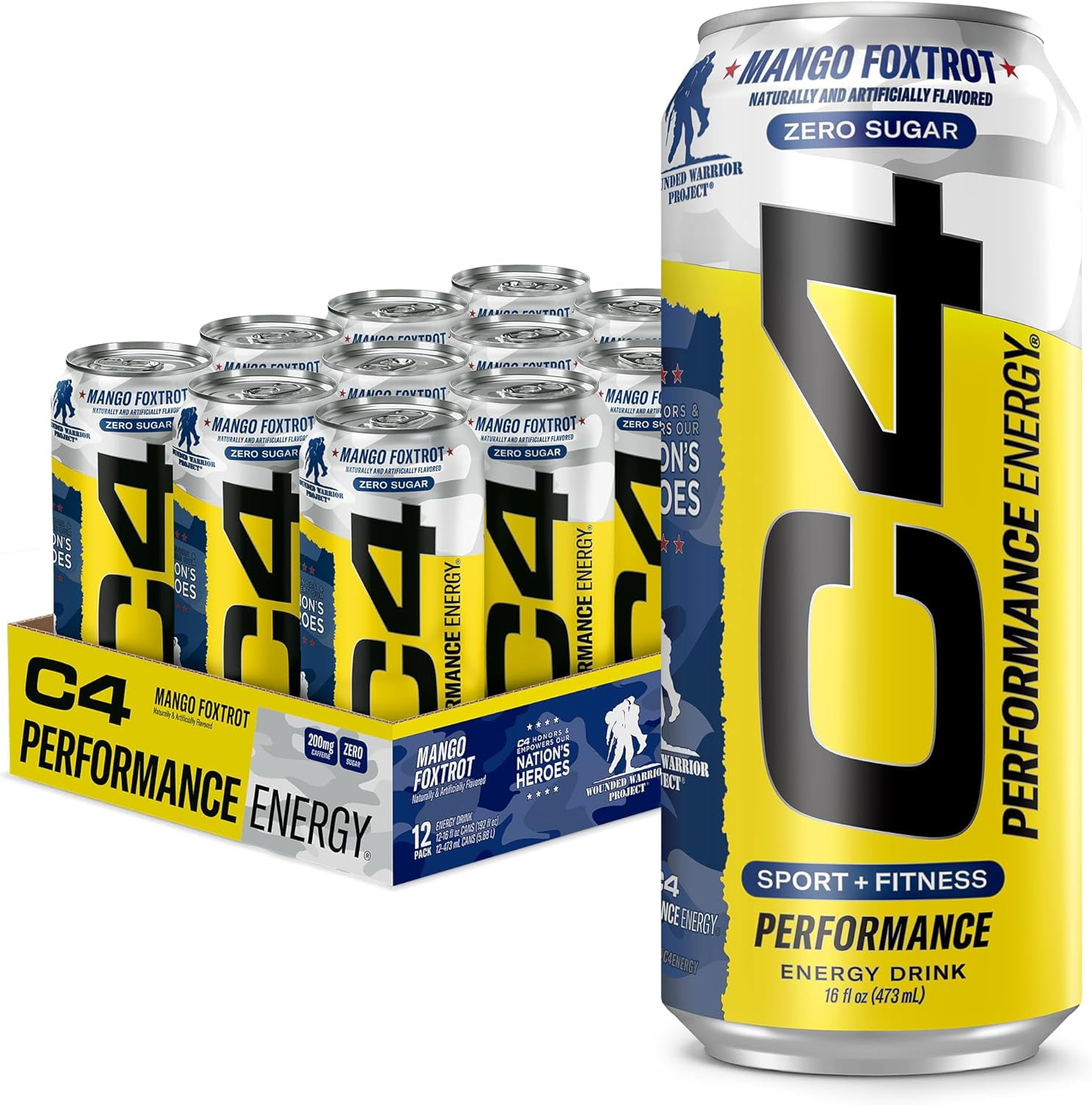 CELLUCOR C4 ENERGY MANGO FOXTROT ZERO SUGAR ENERGY DRINK 16OZ CANS PACK OF 12