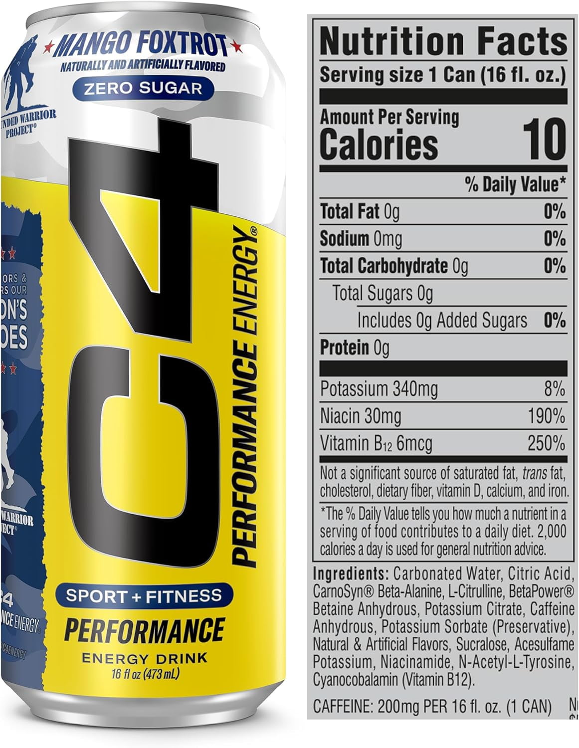 CELLUCOR C4 ENERGY MANGO FOXTROT ZERO SUGAR ENERGY DRINK 16OZ CANS PACK OF 12
