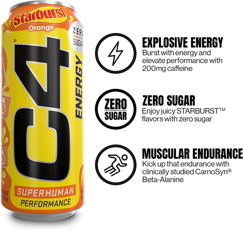 CELLUCOR C4 ENERGY DRINK STARBURST ORANGE CARBONATED SUGAR FREE PRE WORKOUT 16 OZ PACK OF 12