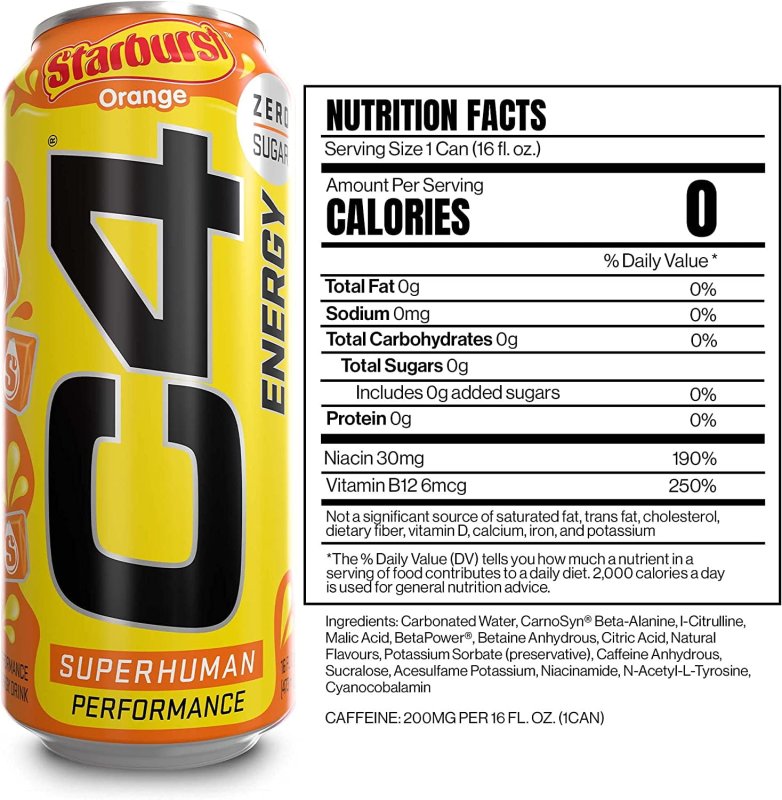 CELLUCOR C4 ENERGY DRINK STARBURST ORANGE CARBONATED SUGAR FREE PRE WORKOUT 16 OZ PACK OF 12