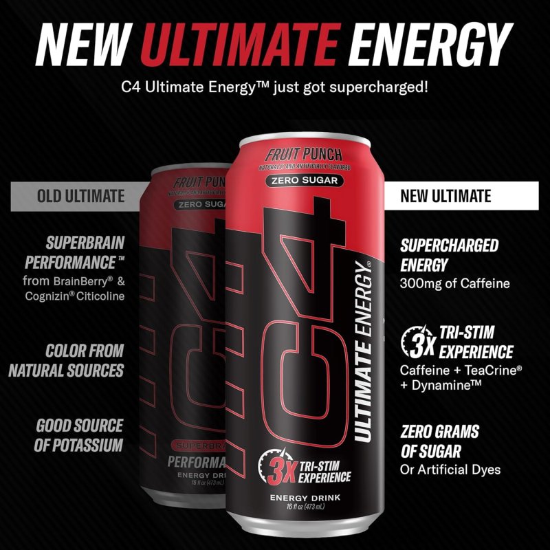 CELLUCOR C4 ULTIMATE PRE WORKOUT SUGAR FREE ENERGY DRINK TRI-STIM 300MG CAFFEINE TEACRINE DYNAMINE FRUIT PUNCH 16OZ PACK OF 12
